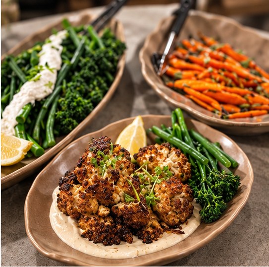Roast vegetables in serving dishes